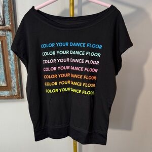 Zumba Fitness Black Tee with Rainbow "Color Your Dance Floor" Graphic EUC L